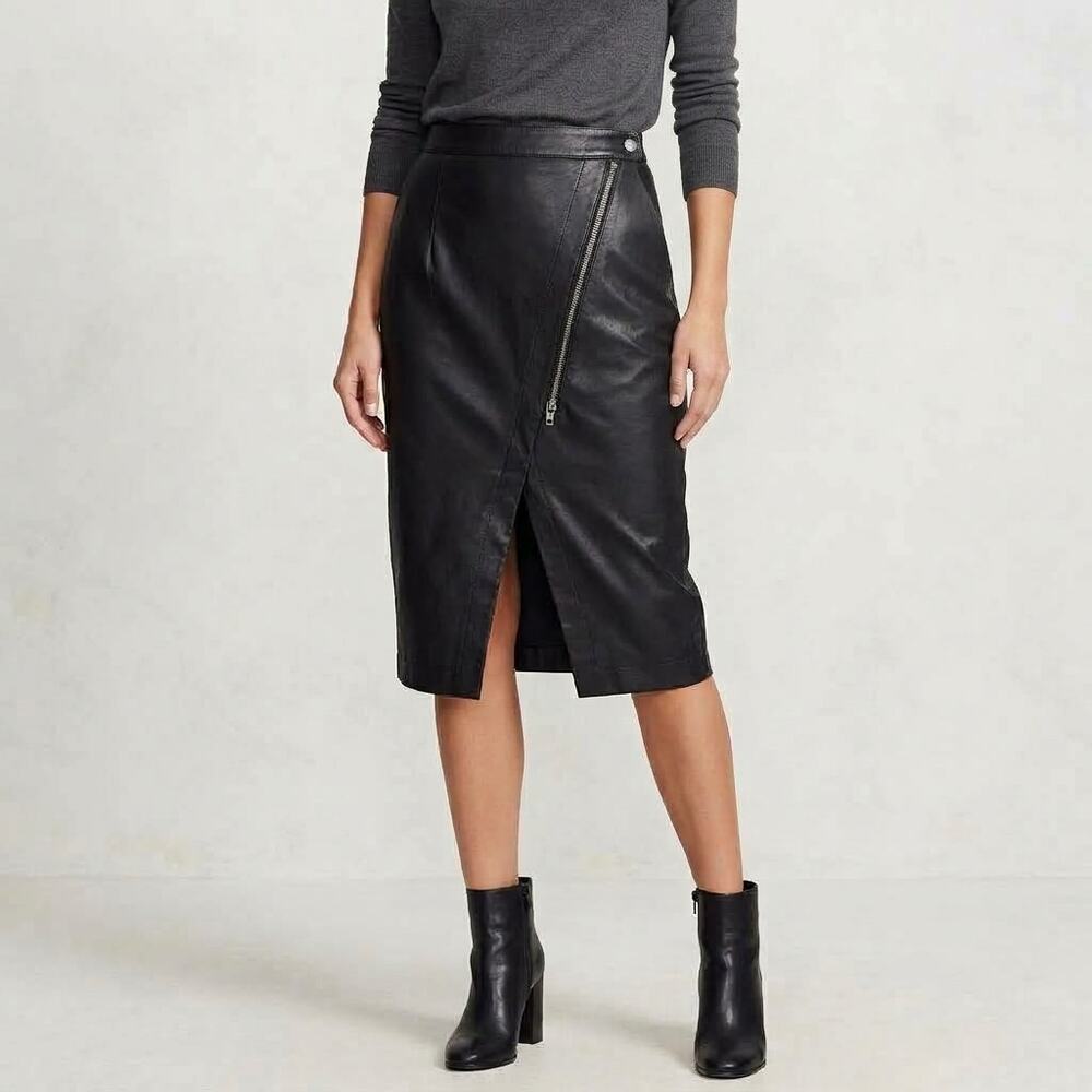 Free People Faux Leather Midi Skirt Size 0 Black Moto Asymmetric Edgy Festival